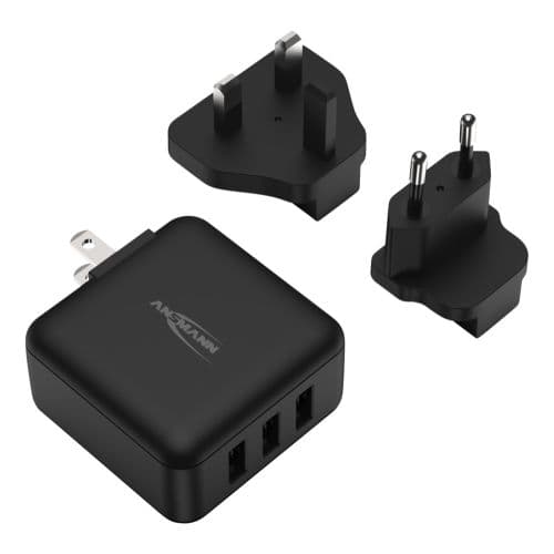 Chargeur USB Ansmann Chargeur de voyage TC315, 3 ports de charge USB, avec prises secteur interchangeables pour les États-Unis, le Royaume-Uni et