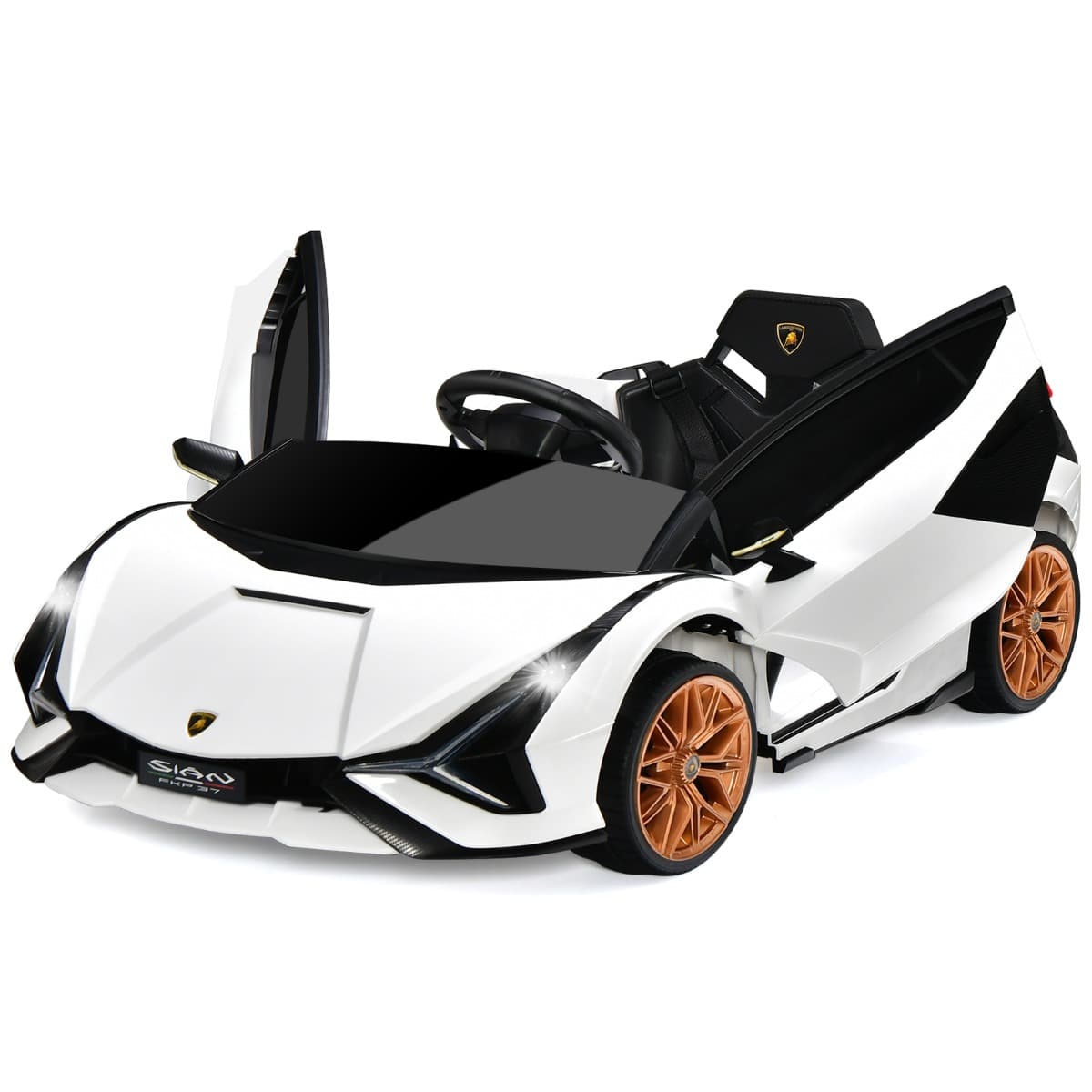 CostwayVoiture de Sport Électrique 12V pour Enfants 3-8Ans 2 Portes Papillons Effets Sonores et Lumineux 108x64x41cm Blanc